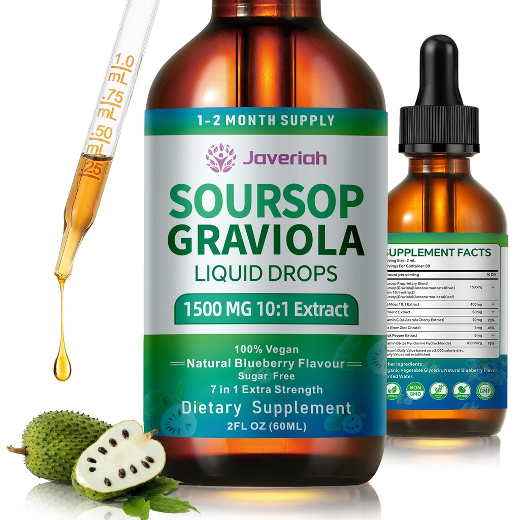 Soursop Graviola Liquid Drops Supplement med Sea Moss Extract, Soursop Bitters Liquid til Cell Support & Regeneration, Immunitet, Lever, Antioxidant, Graviola Leaves Extract 2 Måned Supply 60ML