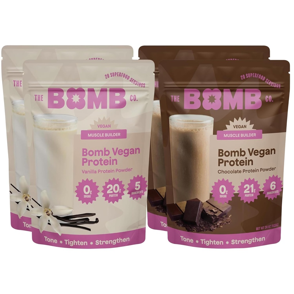 Blender Bomber Bombe Co. Bomb Plante Protein, Chokolade & Vanilla Protein Powder med 21g Protein, Aminosyrer, Zero Sugar, Pea Protein, Kakao, Chia Frø, Vanilla & Monk Frugt, 60 Srvgs