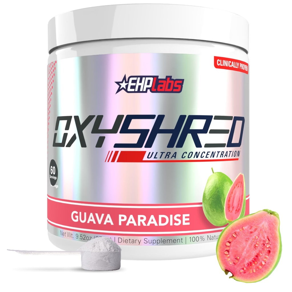 EHP Labs Oxyshred Pre Workout Powder & Shredding Supplement - Preworkout Powder with L Glutamin & Acetyl L Carnitin, Energy Boost Drink - Guava Paradise, 60 Serveringer