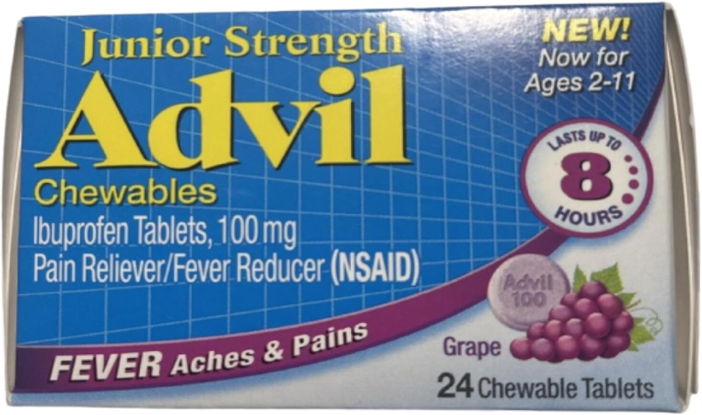 Advil Junior Chewable Ibuprofen tabletter, Grape 100mg, 24 tabletter Hver (pakke med 4)
