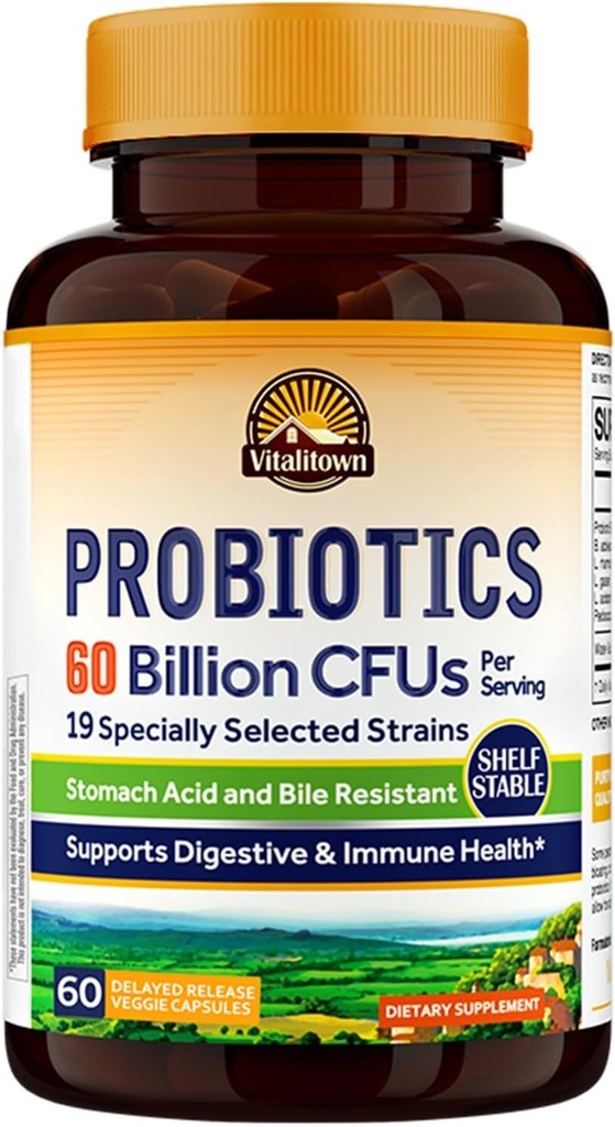 Vitalitown Probiotics + Prebiotics | 60 Billion CFUs 19 Strains | 60 Delayed Release Veg Caps | Shelf Stable, Prebiotics and Probiotics | Digestive Health, Immune Health | Vegan, Non-GMO, No Dairy