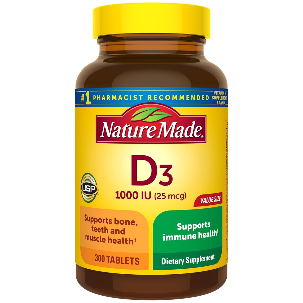 Nature Made Vitamin D3 1000 IE (25 mcg), Vitamin D supplement til ben, tænder, muskel og immunforsvar, 300 tabletter, 300 dages forsyning