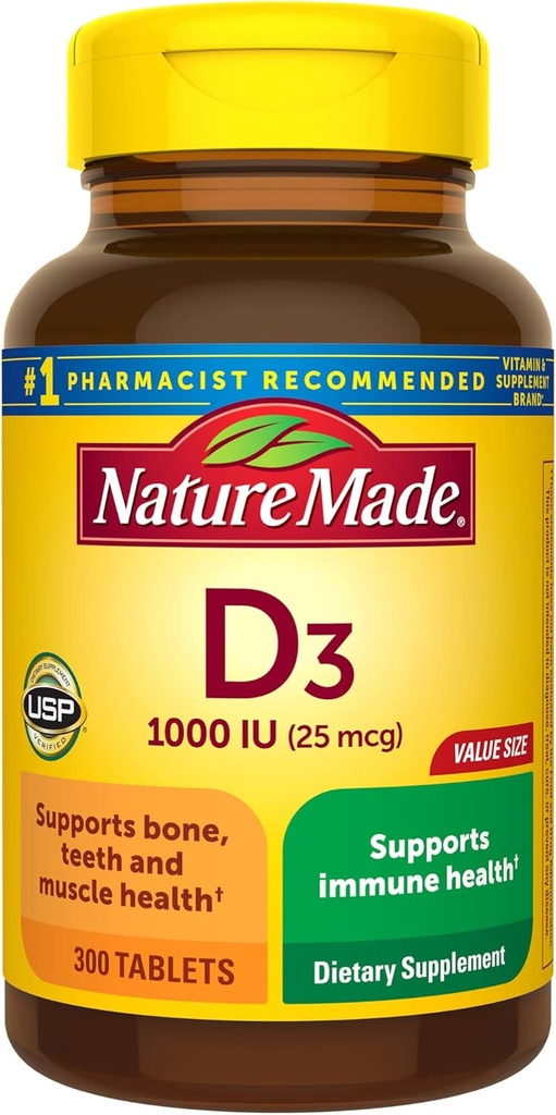 Nature Made Vitamin D3 1000 IU (25 mcg), Vitamin D Supplement for Bone, Teeth, Muscle and Immune Health Support, 300 Tablets, 300 Day Supply