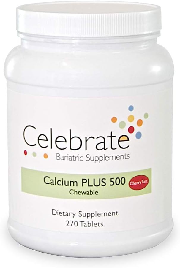 Celebrere Vitamin Calcium Plus - 500mg Calciumcitrat, 333 IE D3- vitamin & 34mg Magnesium til post- bariatrisk kirurgi - Gluten- Free & Sugar- Free - Cherry, 270 tyggetabletter