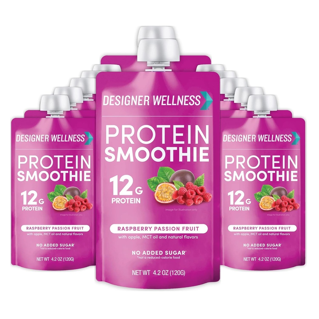Designer Wellness Protein Smoothie, Real Fruit, 12g Protein, Low Carb, Zero Added Sugar, Gluten- Free, Non- GMO, Ingen kunstige farver eller flavors, Hindbær Passion Fruit, 12 Greve
