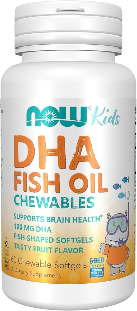 Now Foods Supplements, DHA Kids 100 mg, Understøtter Brain Health *, Fruit Flavor, 60 Chewable Softels, emballage kan variere