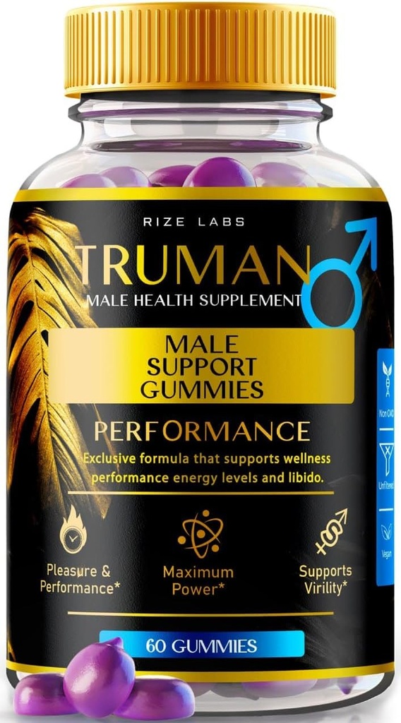 rize laboratorier Truman Gummies, Truman for True Men, Truman Mand Gummies, Trueman Plus Performance, All- Natural Premium supplement til støtte vedvarende energi og Stamina, Officiel Formel (60 Gummies)