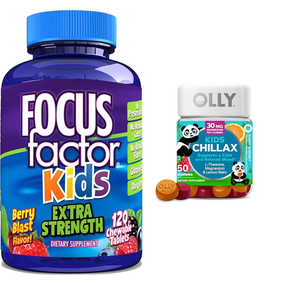 Focus Factor Kids Extra Strength Daily Chewable Brain Health Support + OLLY Kids Chillax Calm Chews, 50 Greve