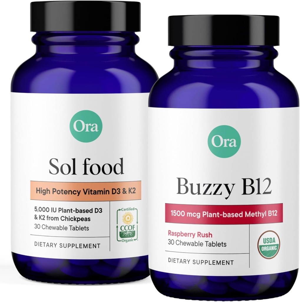 Ora Organic Vitamin D3 5000IU + K2 & Vitamin D3 2000IU Bundle: Vegan Vitamin D from Lichen and K2 from Chickpeas, 30 Chewable Tablets + Vegan Vitamin D from Lichen for Bone Health, 30 Vegan Tablets