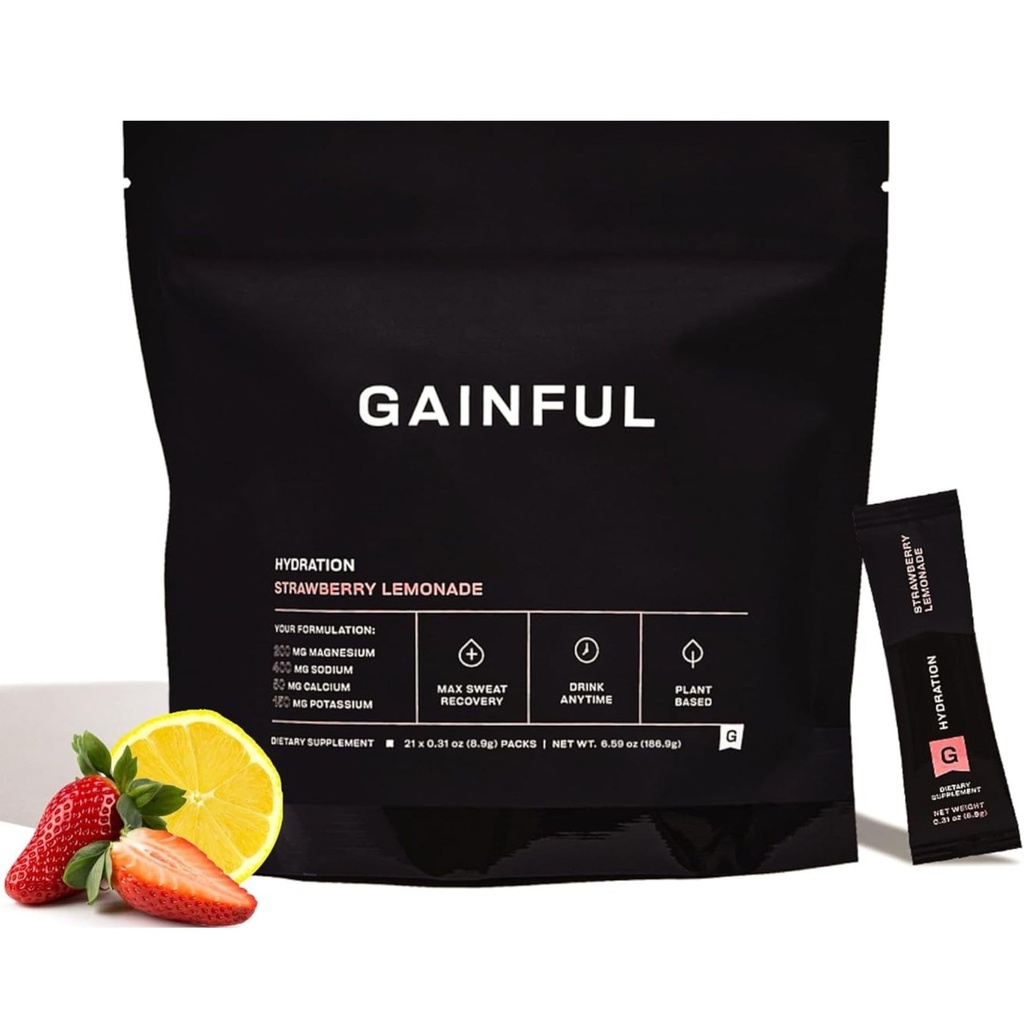 Gainful Hydration Powder Pakninger, Koffein fri med Key Electrolytes Magnesium og natrium, Energistøtte, Lavsukker, Jordbær Lemonade, 21 sticks