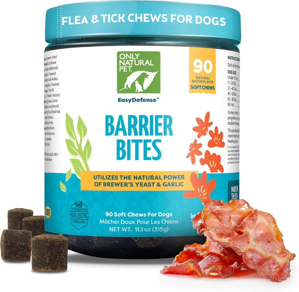 Kun Natural Pet EasyDefense Barrier Bites Soft Flea Chews for Dogs - First Line of Defense Agains Fleas & Ticks, øger immunsystemet og sund hud & Coat - (90 Bacon Flavored Soft Chews) 1 Pack