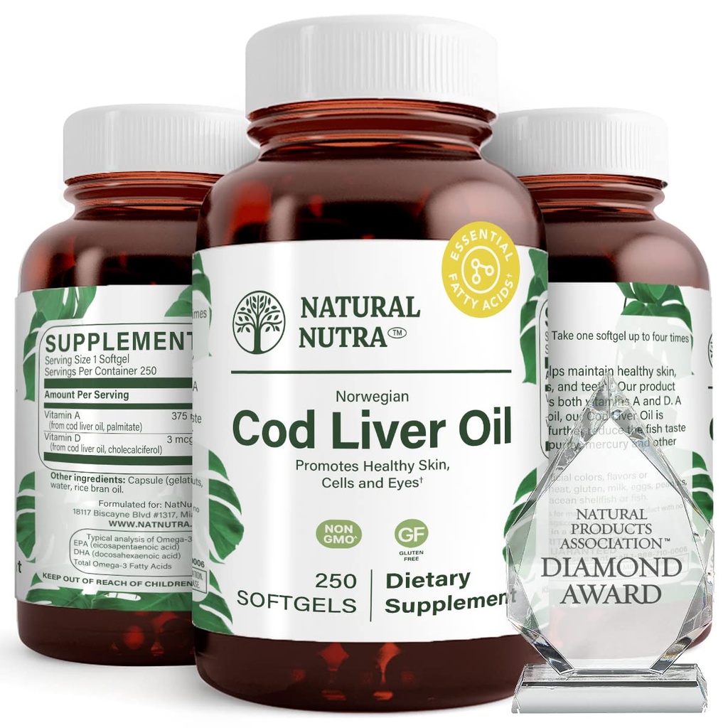 Natural Nutra Norwegian Cod Lever Oil Supplement, Hjælper med at vedligeholde hud, Hjælper med at opretholde kropstæthed, Eye Health & Nerve funktion, fremmer dental sundhed, understøtter hjerte-kar-sundhed, 250 Softgels