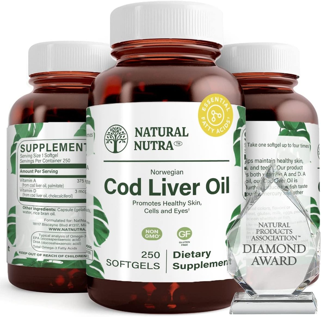 Natural Nutra Norwegian Cod Lever Oil Supplement, Hjælper med at vedligeholde hud, Hjælper med at opretholde kropstæthed, Eye Health & Nerve funktion, fremmer dental sundhed, understøtter hjerte-kar-sundhed, 250 Softgels