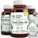 Natural Nutra Norwegian Cod Lever Oil Supplement, Hjælper med at vedligeholde hud, Hjælper med at opretholde kropstæthed, Eye Health & Nerve funktion, fremmer dental sundhed, understøtter hjerte-kar-sundhed, 250 Softgels