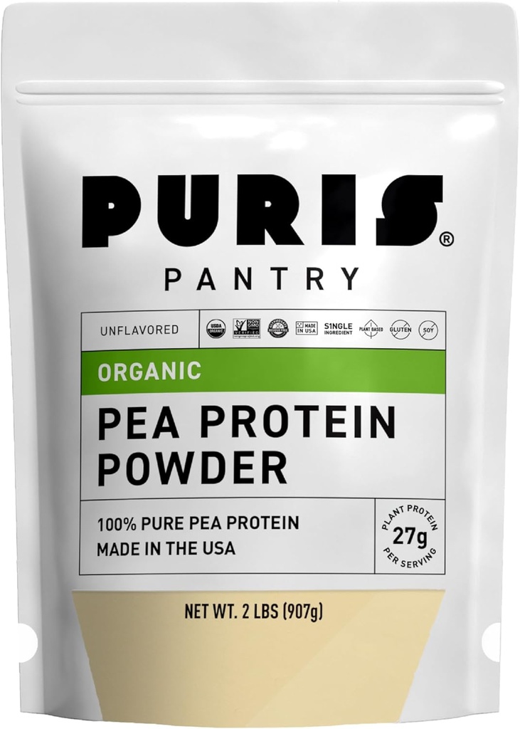PURIS Organic Pea Protein Powder - USDA Organic Vegan Protein Measures 124; 27g Plant Protein Per Serving Measures 124; Non- GMO Gluten- Free Soy- Free Measures 124; Clean Label Measures 124; Glat Taste Measures 124; Ideel til shakes, smoothies, Bagning Measures 124; 2 LB