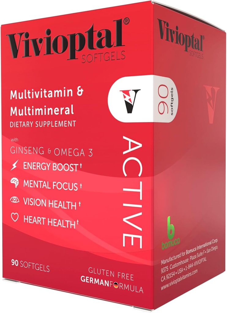 Vivioptal Active, 90 Softgel, Ginseng & Omega 3, Multivitamin & Multimineral, Gluten Free, Tysk Formel