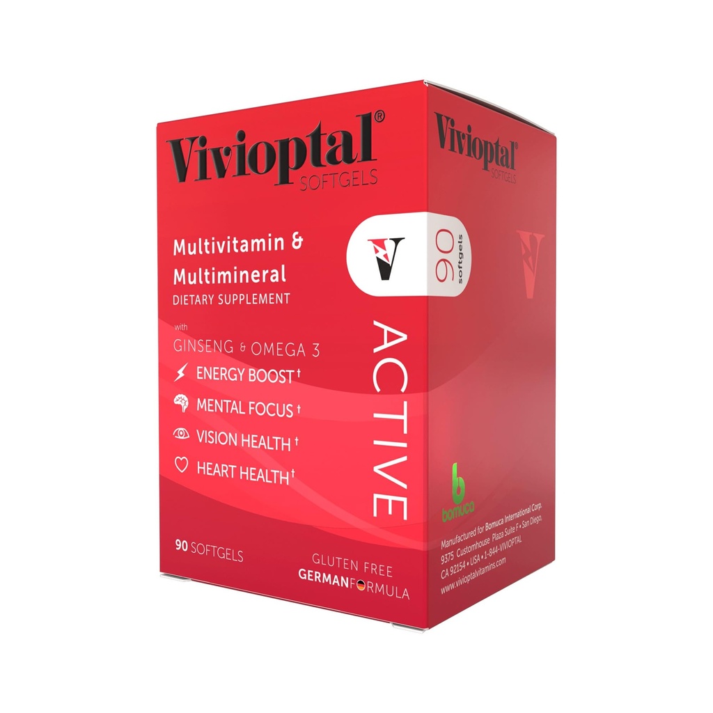 Vivioptal Active, 90 Softgel, Ginseng & Omega 3, Multivitamin & Multimineral, Gluten Free, Tysk Formel