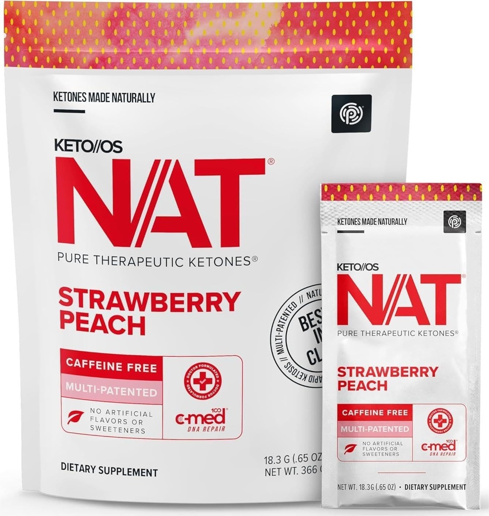 PRÜVIT OS NAT Strawberry Peach Keto Kosttilskud - Koffein Free - for mænd og kvinder (20 Greve)