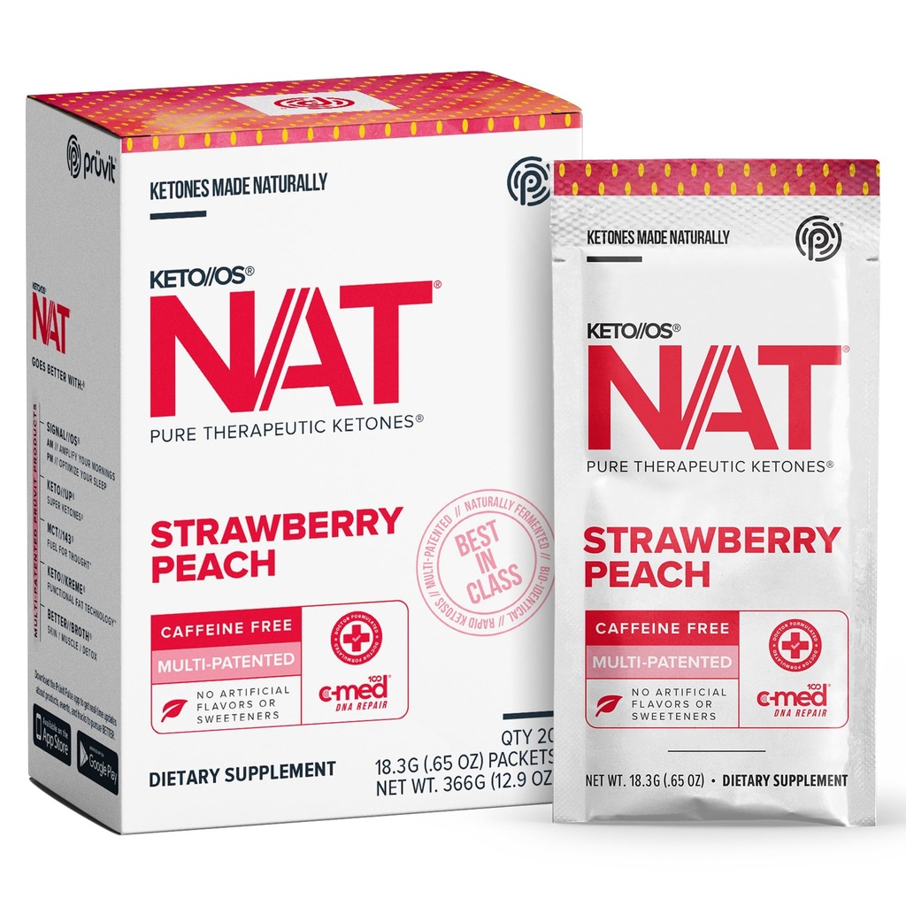 PRÜVIT OS NAT Strawberry Peach Keto Kosttilskud - Koffein Free - for mænd og kvinder (20 Greve)