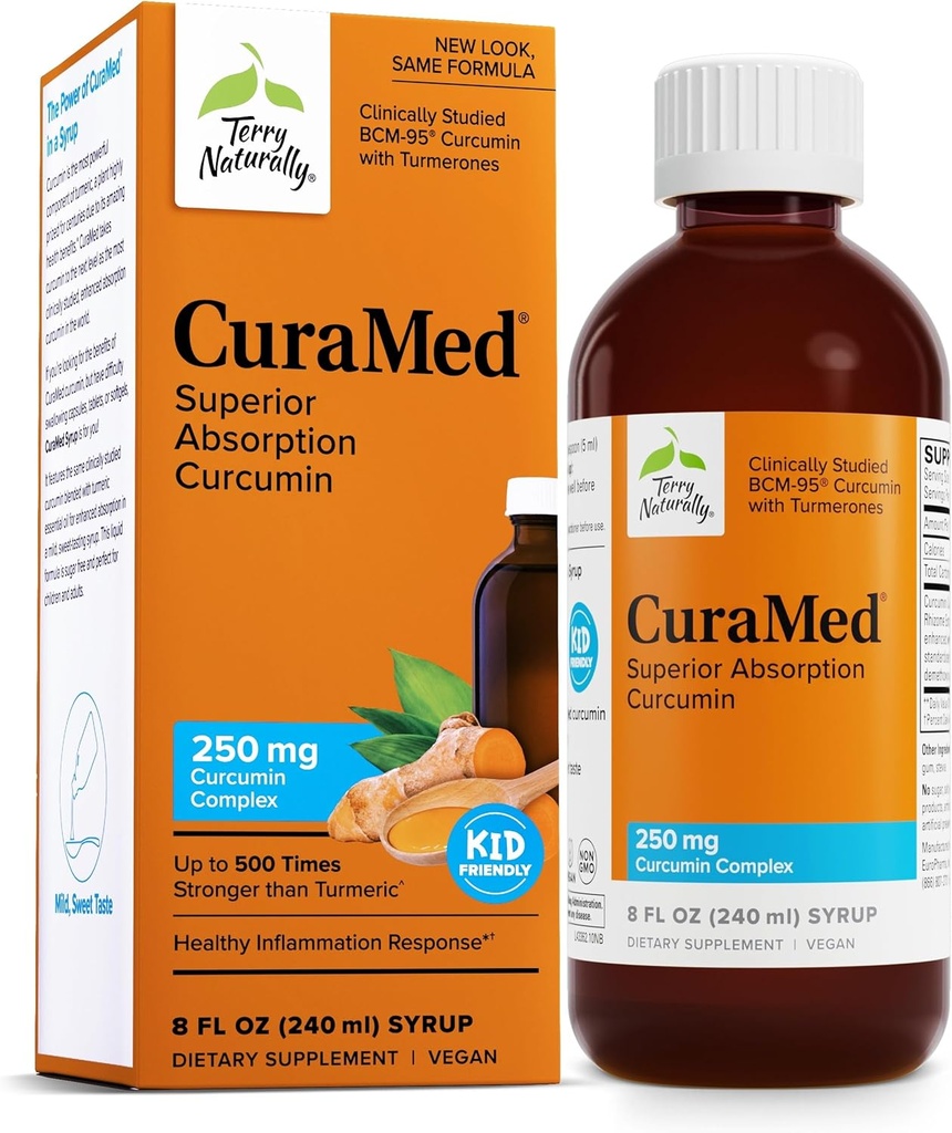 Terry Naturally CuraMed Syrup - Brain & Immune Health Support Supplement - Curcumin Absorption Formula with Turmeric Essential Oil - Gluten-Free & Vegan Supplement - 8 fl oz