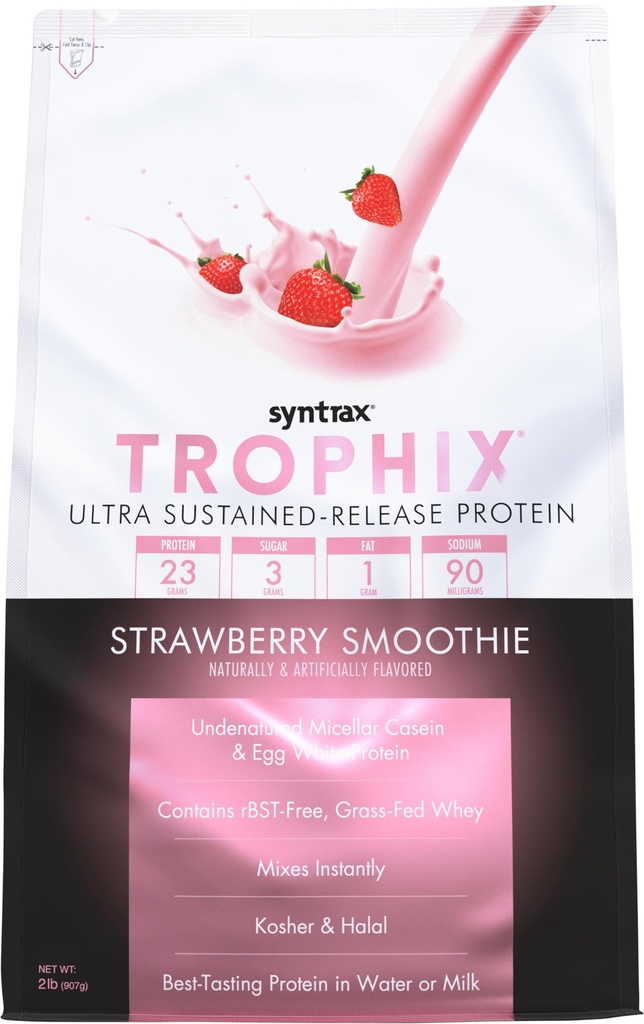 Syntrax Nutrition Trophix, Ultra Sustained- Release Protein Powder Blend, Jordbær Smoothie, 2 lbs.