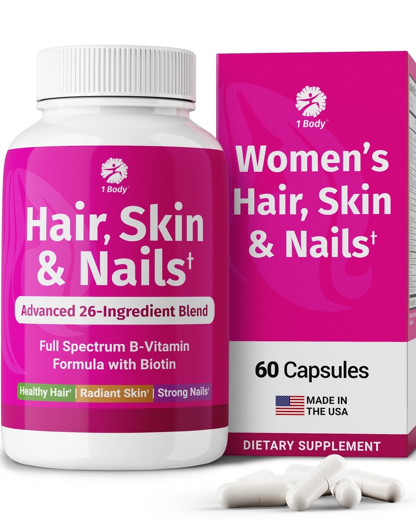 1 krop hår hud og negle Vitaminer med biotin - hårvækst supplement til kvinder & mænd med 26 vitaminer, mineraler & planteekstrakter - stærkere hår, sundt hud & negle - 60 Veganske kapsler