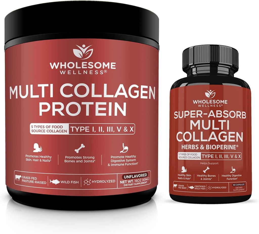 Wholesome Wellness Multi Collagen Protein Powder Hydrolyzed (Type I II III V X) + Super-Absorb Multi Collagen Pills (Type I II III V X) Bundle