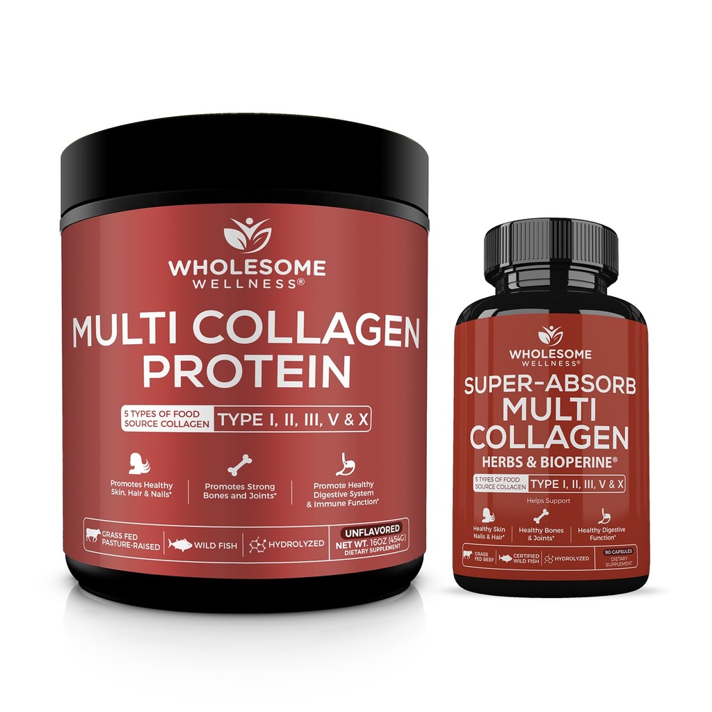 Wholesome Wellness Multi Collagen Protein Powder Hydrolyzed (Type I II III V X) + Super-Absorb Multi Collagen Pills (Type I II III V X) Bundle