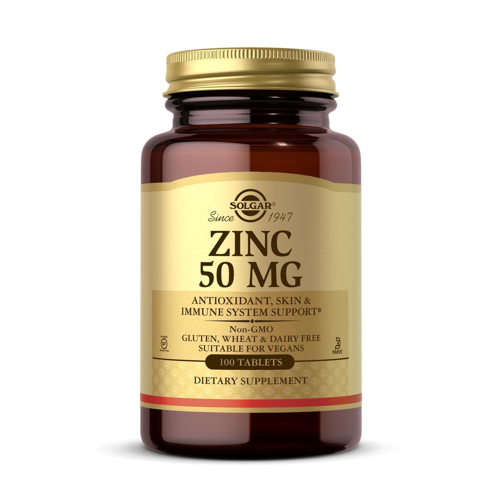 Solgar Zink 50 mg, 100 tabletter - Zink til sund hud, Smag & Vision - Immunsystem & Antioxidant Support - Understøtter Cell Growth & DNA Dannelse - Ikke GMO, Vegan, Gluten Free - 100 Servering