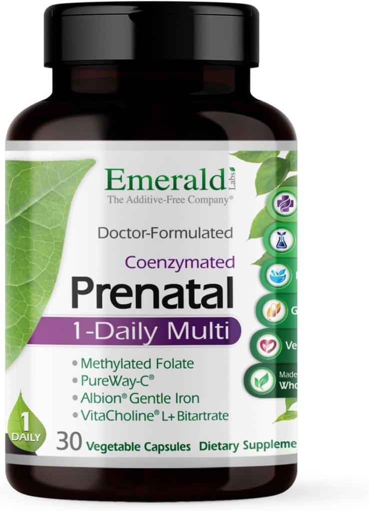 Emerald Labs prenatal 1- Daily Multi - Prenatal Multivitamin med methyleret folat, jern, Whole- Food Blend & mere - Soy- Free, Gluten- Free - 30 Vegetabilske kapsler