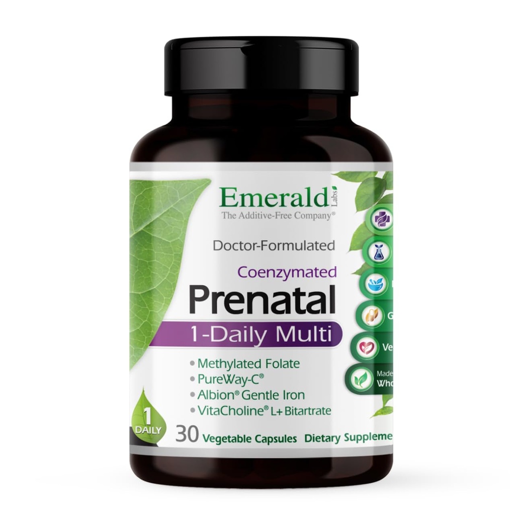 Emerald Labs prenatal 1- Daily Multi - Prenatal Multivitamin med methyleret folat, jern, Whole- Food Blend & mere - Soy- Free, Gluten- Free - 30 Vegetabilske kapsler
