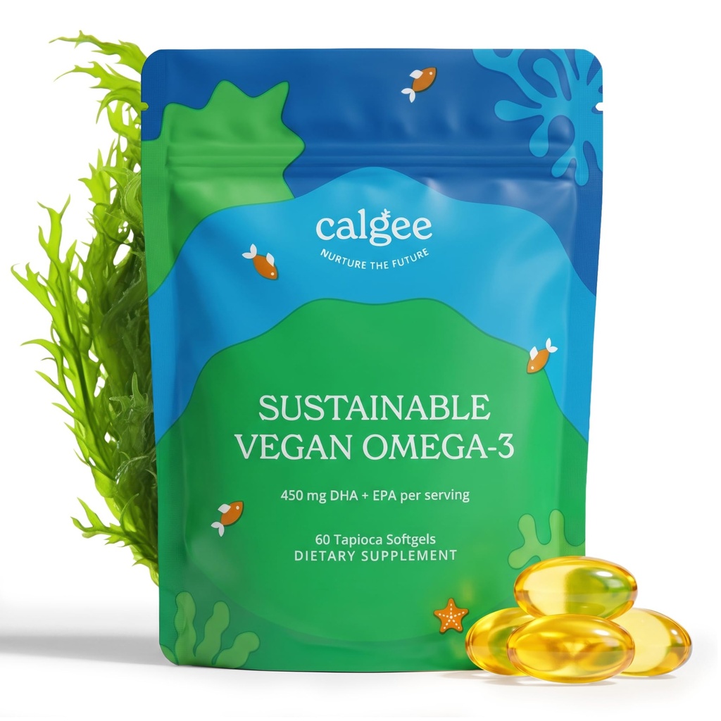 Calgee Vegan Omega 3- 450 mg DHA & EPA fedtsyrer - Sustainable Algae Oil - Plantbaserede fisk olie alternativ - Carrageenan- Free Softgels (60 Ct)