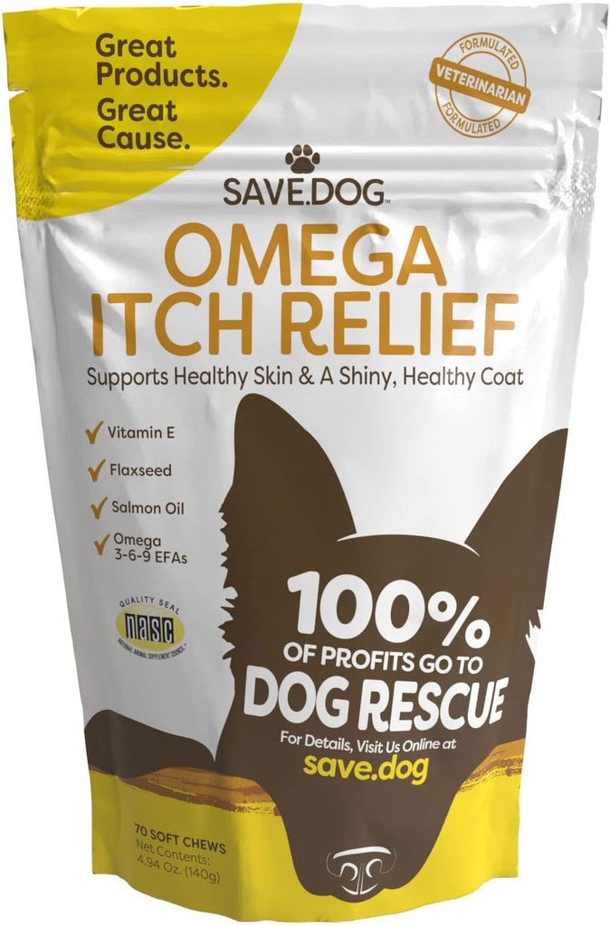 SAVE.DOG Omega Itch Relief for hunde - Sund hud og Coat tillæg med E-vitamin, hør olie, og lakseolie til Itch Relief - Pet tillæg med en årsag (70 Tyg)
