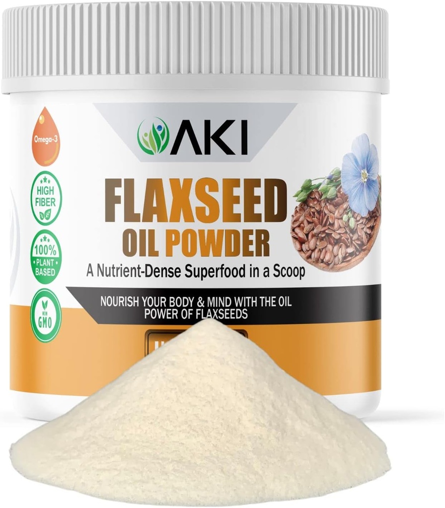 AKI Flaxseed Oil Powder - Pakket med essentielle næringsstoffer som Omega-3 fedtsyrer, Fiber, & Lignans - Gratis fra kunstige tilsætningsstoffer, Lavet med ideelle kvalitet ingredienser (5.30oz / 150g)