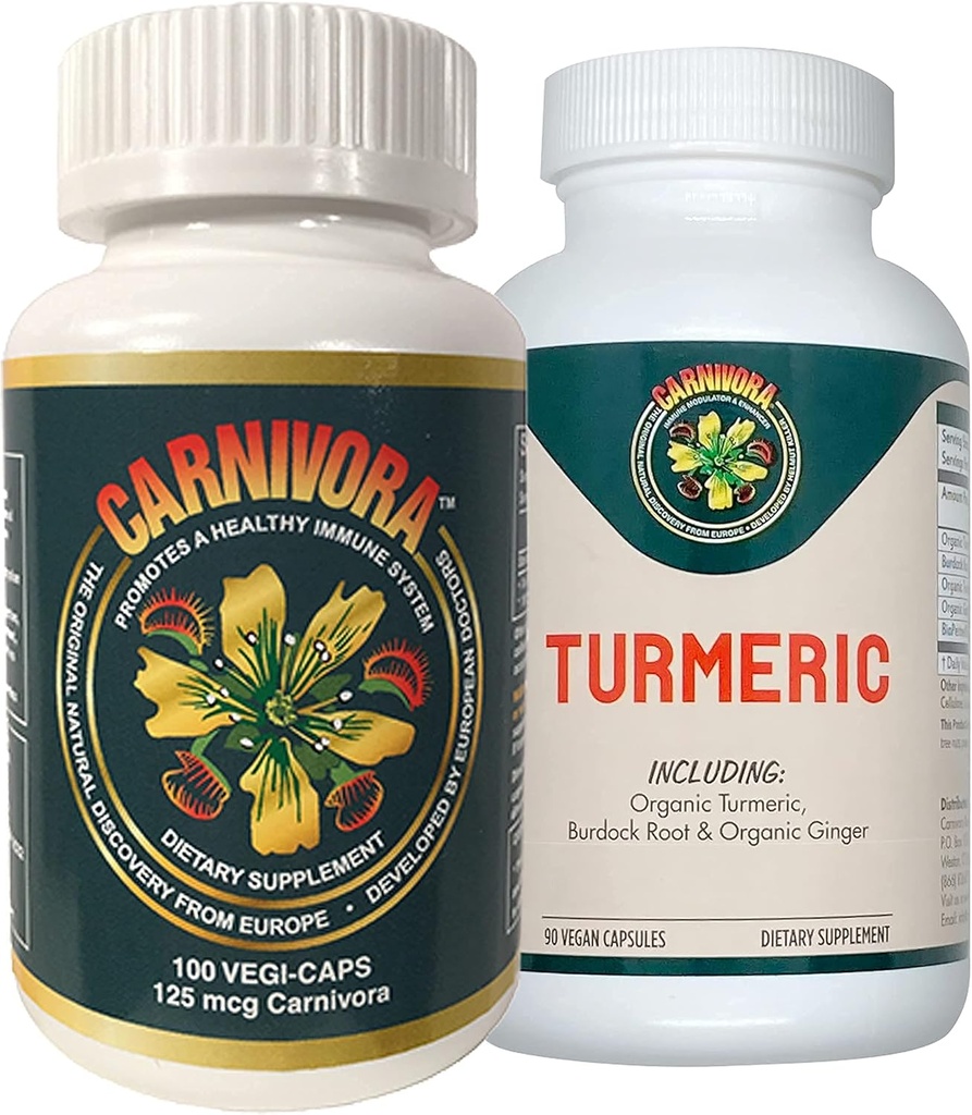 Carnivora Vegi Caps + gurkemeje Combo - immunsystem support med ekstraudstyr til nitter og fordøjelse (bundle med 1 flaske Vegi- Caps og 1 flaske gurkemeje)