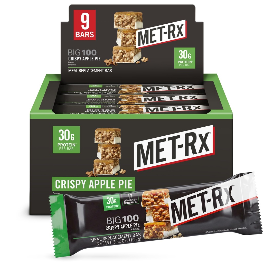 MET- Rx Big 100 Colossal Protein Bars, Crispy Apple Pie Meal Erstatning Bars, 9 Greve