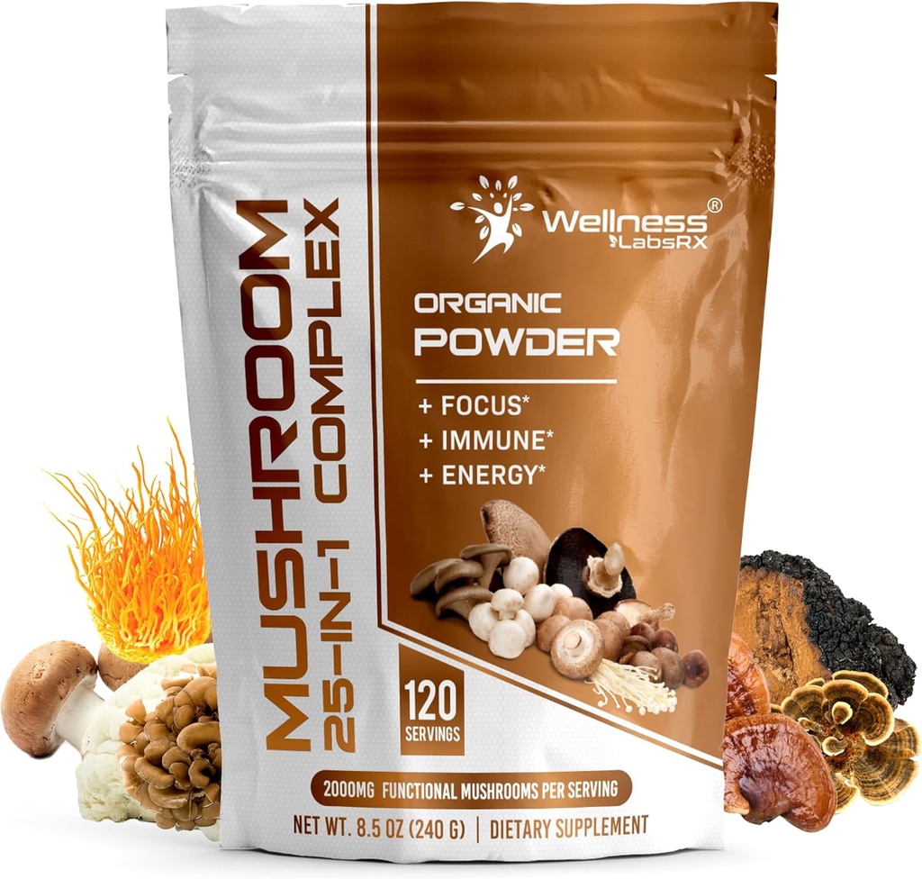 WELLENess LALSRX Mushroom Powder, 25 i 1 svampe supplement - 2000mg, 25 Superfood Mishroom Lions Mane Powder med Chaga, Shiitake, Cordyceps, Reishi - Lions Mane Mushroom - 120 Servere