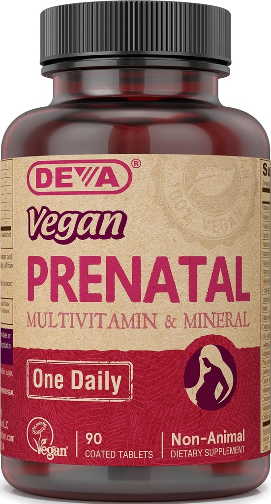 Deva Vegan Prenatal Multivitamin og Mineral Supplement - Once- Per- Day Formel - Vitaminer A, C, D, E, K, B Complex, med Folate & Chelated Iron - 90 Overtrukket tabletter, 1- Pack