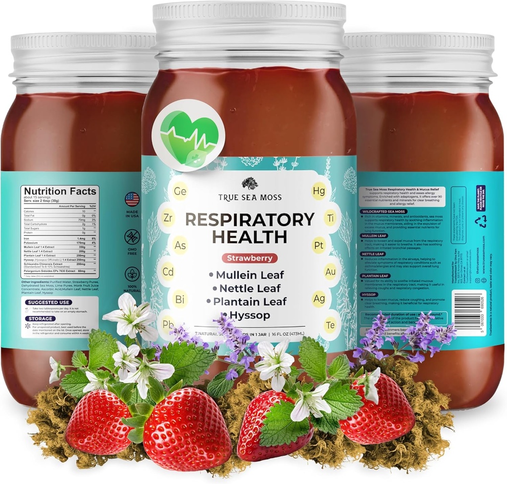 TrueSeaMoss Pro- Line Gel - Respiratory Health - 5 + flavors - Fruit Gel med Premium Sea Moss & Kalium - Vegan- Friendly - Vitamin & Mineral Rich Supplement - Made in USA (Strawberry, Pack of 1)