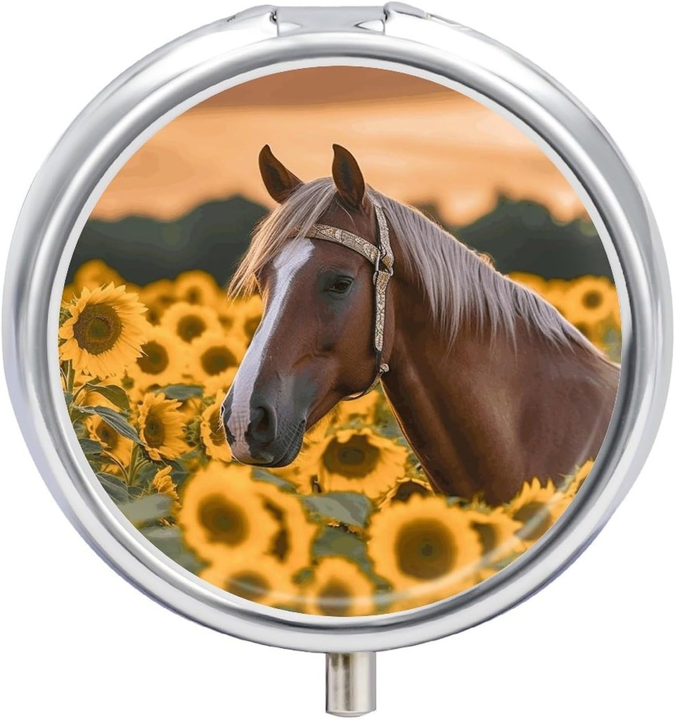 Round Metal Pill Box, Gul Solsikke Horse Printed Travel Pill Organizer Portable Pill Container Lille Pill Box til pung og pung til opbevaring af vitaminer, medicin og kosttilskud