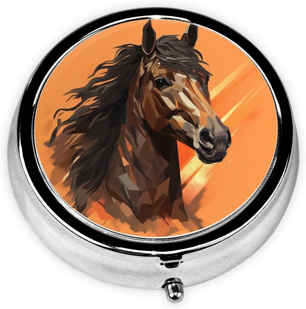 Orange baggrund med Horse Head Pill Box Metal Round Small Pill Case Cute 3 Segment Pill Organizer Portable Travel Pillbox Mini Pill Container Holder til daglig medicin supplement Vitamin