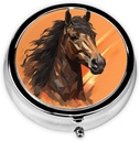 Orange baggrund med Horse Head Pill Box Metal Round Small Pill Case Cute 3 Segment Pill Organizer Portable Travel Pillbox Mini Pill Container Holder til daglig medicin supplement Vitamin