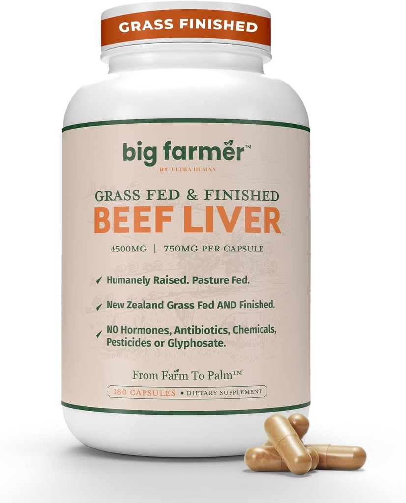 Ultra Human Big Farmer Grass- Fed & Færdiggjort oksekød leverkapsler - 180 Ct, Understøtter energi, Detox, fordøjelse & Immunitet, Non- GMO udtørret oksekød orgel supplement til leversundhed & Full- Body Wellness