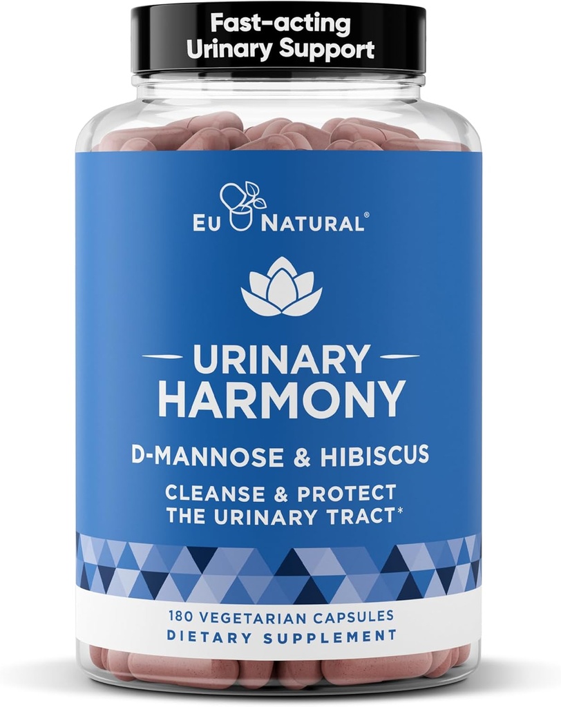 Uriny Harmony D- Mannose Supplement - Urinary Tract Health for Women - Cleanses and Flushes the Urinary System - Potent klinisk styrke Formel med DMannose og Hibiscus - 180 hurtige fungerende kapsler