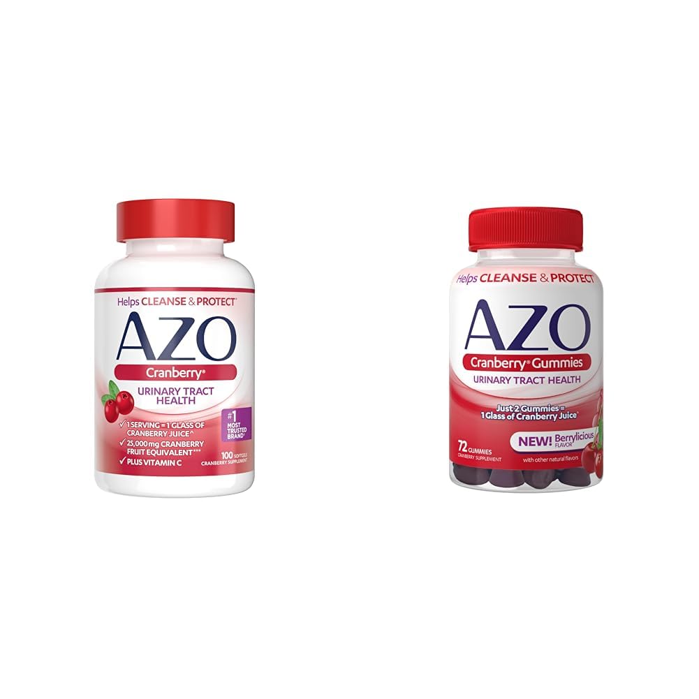 AZO Cranberry Urinary Tract Health Supplement Softgels & Gummies, 1 Softgel / Gummy = 1 Glas Cranberry Juice, Sugar Free, Non- GMO, 100 Softgels & 72 Gummies