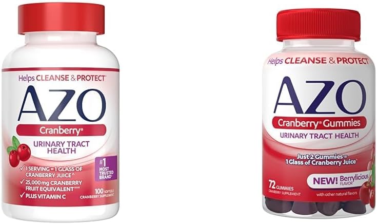 AZO Cranberry Urinary Tract Health Supplement Softgels & Gummies, 1 Softgel / Gummy = 1 Glas Cranberry Juice, Sugar Free, Non- GMO, 100 Softgels & 72 Gummies