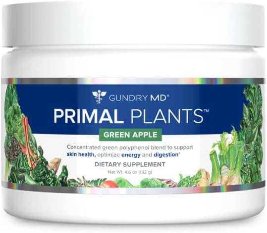 Gundry MD ® Primale Planter MTHF Green Powder Superfood supplement til støtte hud sundhed, Optimer energi og fordøjelse, 1 fuld servering af grøntsager - Green Apple Flavor (30 Servere) (Ny formel)