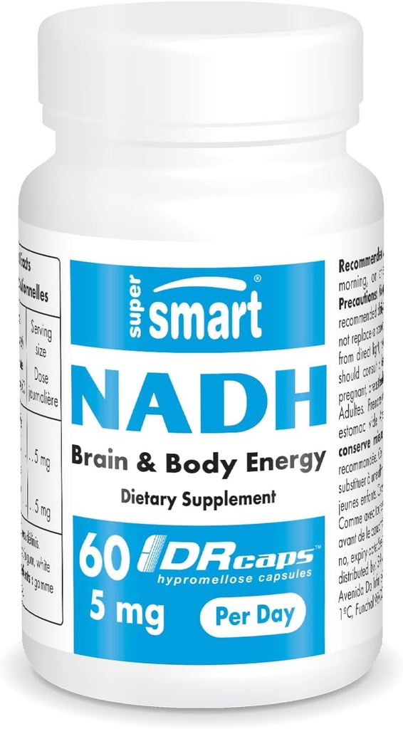 Supersmart - NADH 5mg per dag (Reduceret nicotinamid Adenine Dinucleotid) - NADH supplement - Energy Pills against 124; Non- GMO & Gluten Free - 60 forsinkede frigivelseskapsler