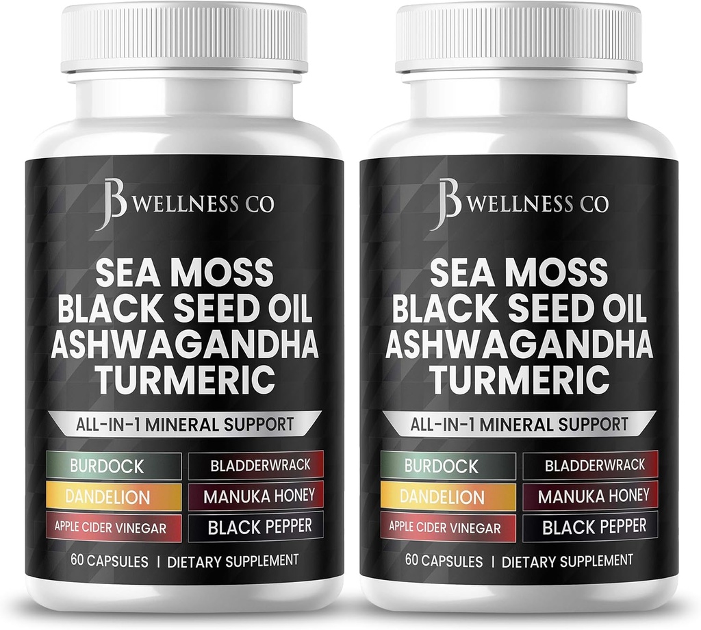 Sea Moss Black Seed Oil Ashwagandha Turmeric Bladderwrack Burdock - with Manuka, Honey Dandelion, ACV Black Pepper Gluten Free- 120 Count