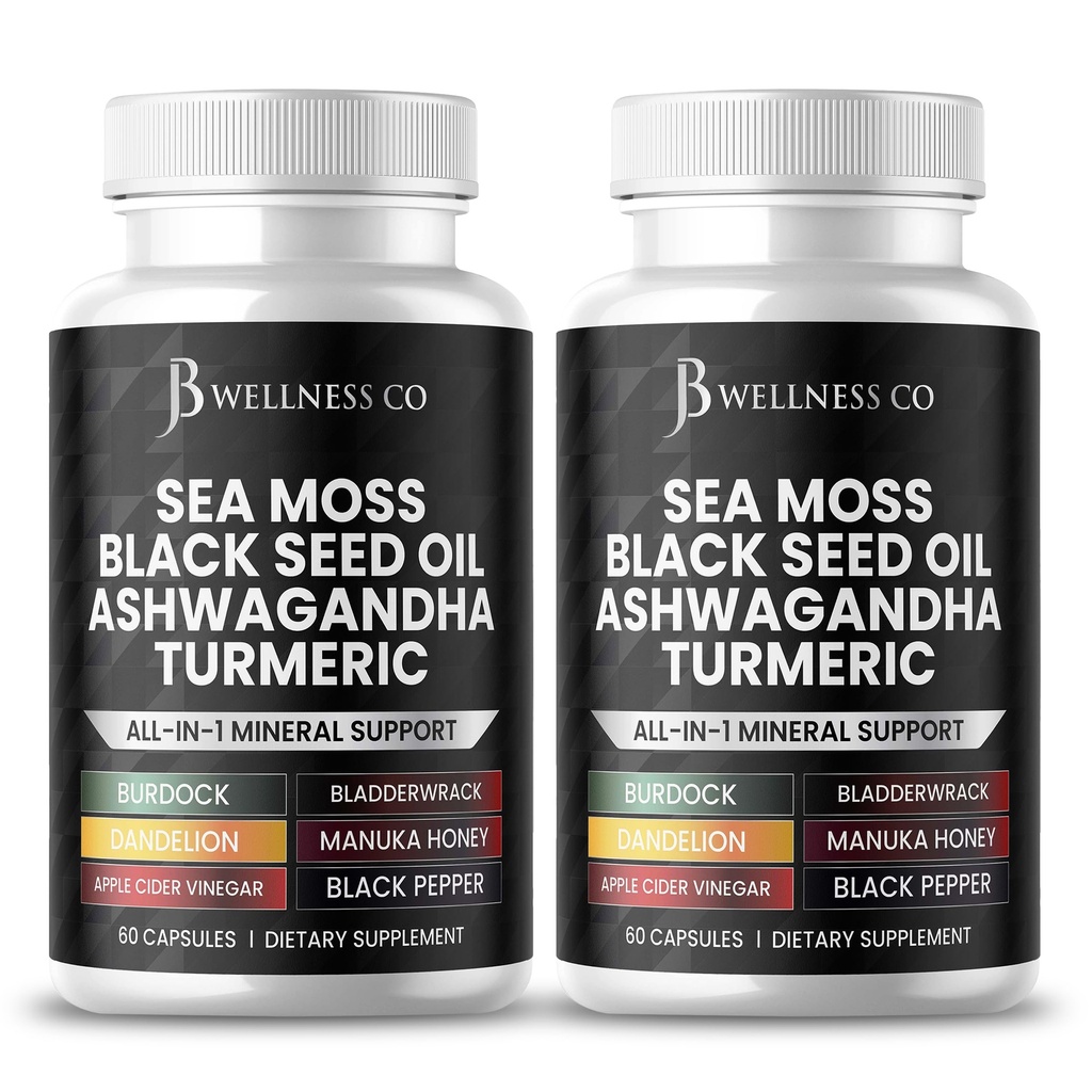 Sea Moss Black Seed Oil Ashwagandha Turmerisk Bladerwrack Burdock - med Manuka, Honning Mælkebøtte, ACV Black Pepper Gluten Free- 120 Greve